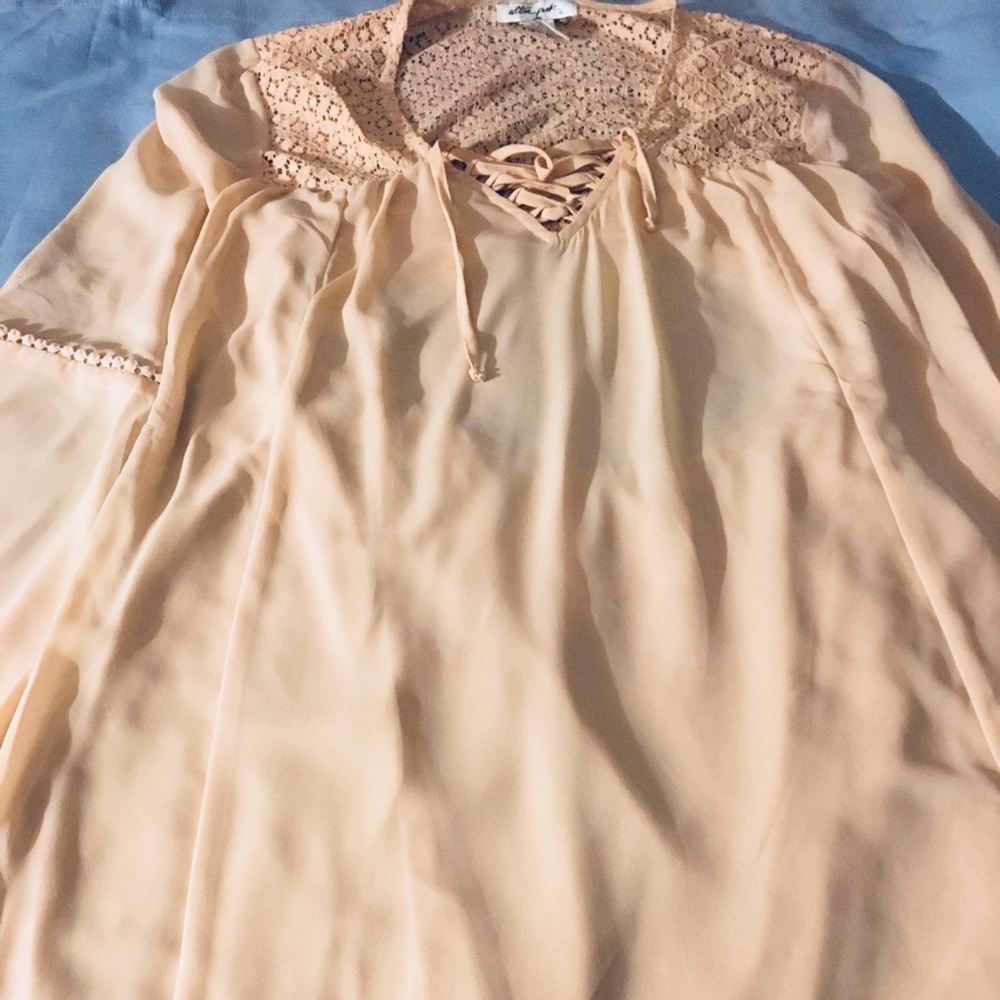 Pastel peach tunic with crochet & bell sleeve